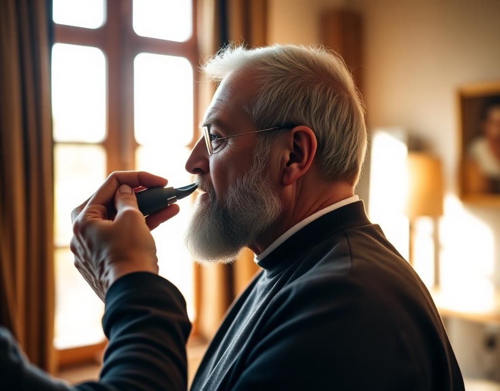 Beard trim for an older gentleman in his living room